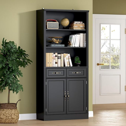 BORNOON 71.4" Tall Bookshelf with Drawers & Cabinet, 5-Tier Floor Standing Bookcase with Storage Doors, Adjustable Shelves & Metal Handles, 31.5" Wide Organizer for Home Office, Living Room