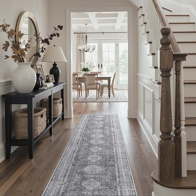 GENIMO Runner Rug 2x10 Non Slip Machine Washable Hallway Runner Rug, Low Pile Lightweight Rugs for Entryway, Hallway, Kitchen and Corridor, Vintage Grey