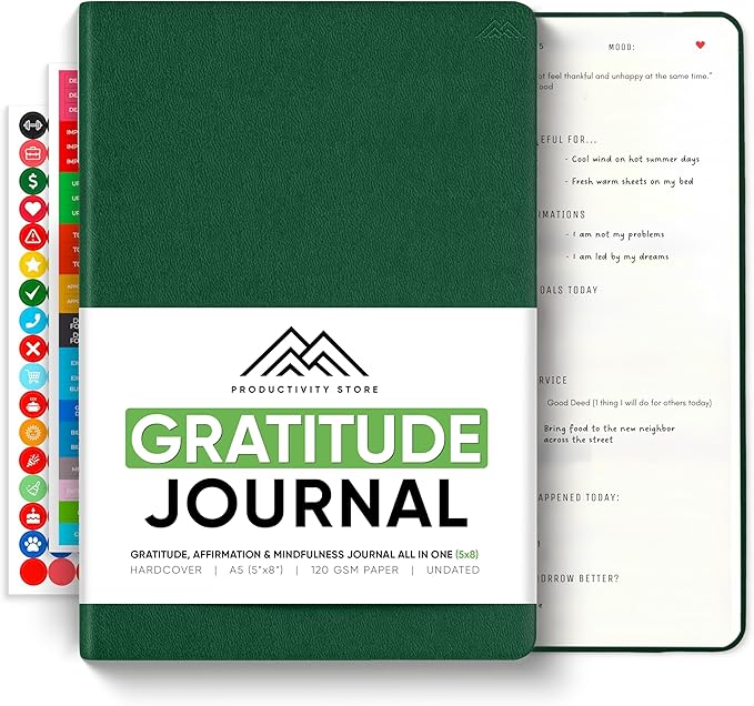 Gratitude & Self-Care Journal - Guided Mindfulness & Mental Health Journal All-in-One with Prompts for Self Discovery - Daily Journal for Men & Women by PRODUCTIVITY STORE (A5, Green)
