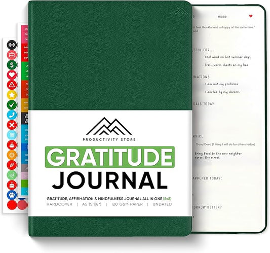 Gratitude & Self-Care Journal - Guided Mindfulness & Mental Health Journal All-in-One with Prompts for Self Discovery - Daily Journal for Men & Women by PRODUCTIVITY STORE (A5, Green)