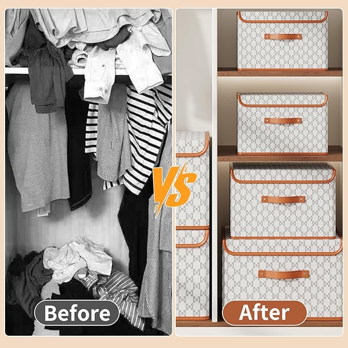 Tuza 2 Pack Fabric Storage Bins with Lids, Collapsible Closet Organizer Container, Decorative Storage Boxes with Lids for Organizing Clothes, Blanket, Grey & White, Extra Large