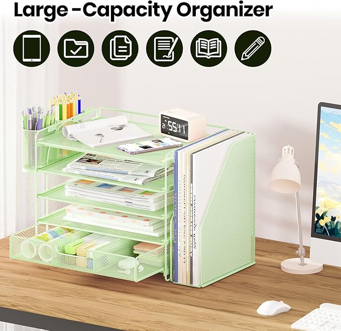 OPNICE Desk Organizer, 5-Tier Paper File Organizer with Drawer & Pen Holder, Office Desk Accessories, Workspace Desktop Organizer for Office Supplies(Green)