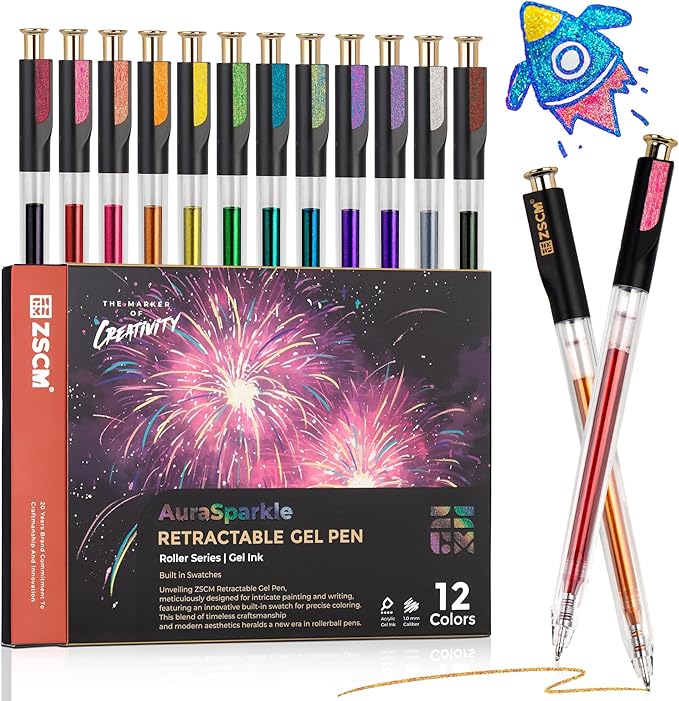ZSCM Retractable Super Glitter Gel Pens, 12 Colors Large Capacity Metallic Sparkle Gel Ink Pens, 1 mm Fine Point Smooth Writing Color Pen for Adult Coloring Book Note Taking Aesthetic Art Supplies