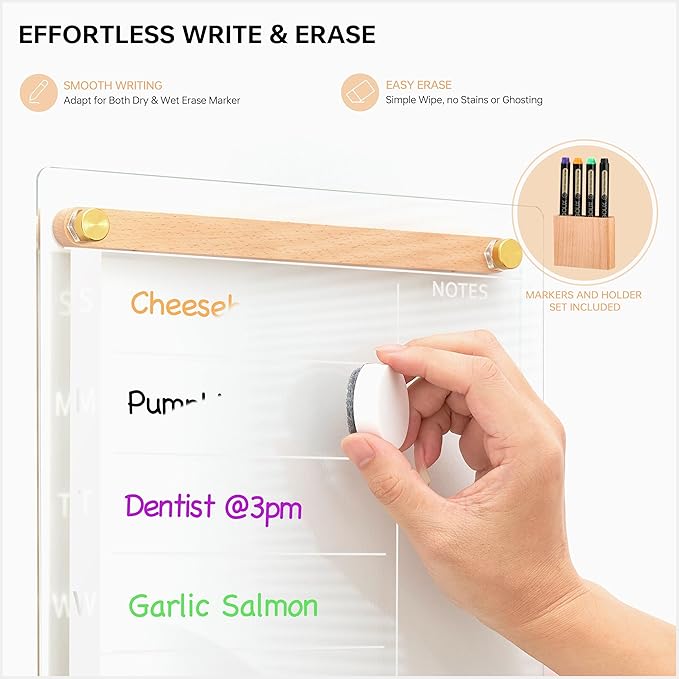 Clear Glass Weekly Dry Erase Calendar Whiteboard with Wood Decoration for Wall, Menu & Meal Planner White Board for Home Kitchen, 15x11, Wood Marker Holder and 4 Markers Included, Yeoux