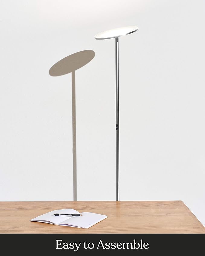 Brightech Sky LED Floor lamp, Torchiere Super Bright Floor Lamp for Living Room Decor & Office - Dimmable, Tall Standing Torch Lamp with Warm Light for Bedroom & Reading - Platinum Silver