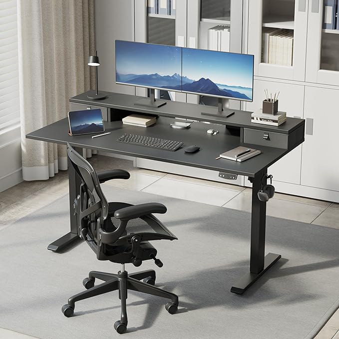 Klicelor 63 Inch Electric Standing Desk with Drawers, Adjustable Height Small Sit Stand Desk for Home Office, Compact Computer Workstation with Storage– Black