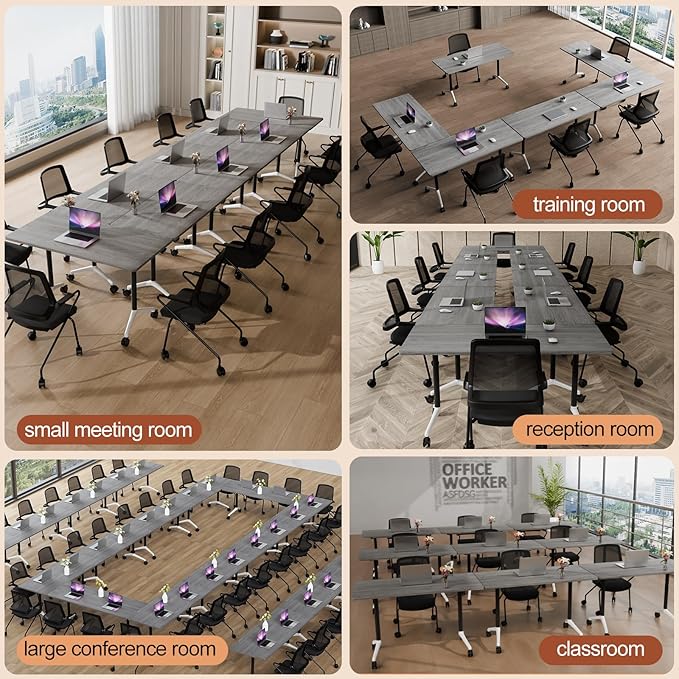 Folding Conference Table 4ft 5ft, Foldable Office Meeting Desk for 6 People, Multiple Sizes Colors Mobile Conference Room Table for Training Room School Business Furniture (2, Grey, 63in)