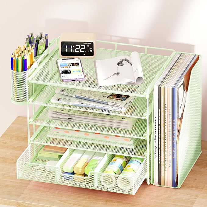 OPNICE Desk Organizer, 5-Tier Paper File Organizer with Drawer & Pen Holder, Office Desk Accessories, Workspace Desktop Organizer for Office Supplies(Green)
