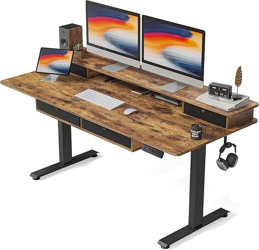 FEZIBO 60'' x 30'' Electric Standing Desk with 4 Storage Drawers, Adjustable Height Computer Table with Monitor Shelf, Stand Up Desk for Study, Gaming, Workstation, Rustic Brown Top