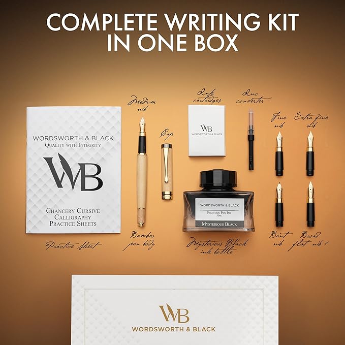 Wordsworth & Black Fountain Pen Gift Set, Includes Ink Bottle, 6 Ink Cartridges, Ink Refill Converter, 4 Replacement Nibs, Luxury Bamboo, Journaling, Calligraphy, Smooth Writing Pens [Maple Wood]