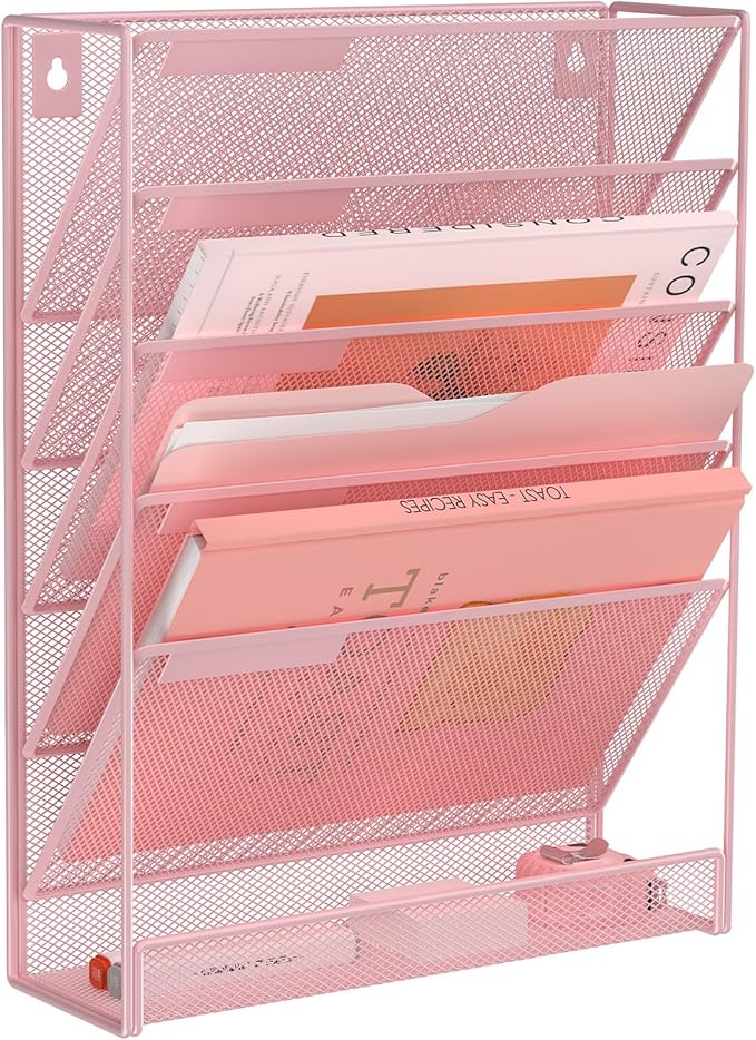Kuntine.B 6-Tier Wall File Organizer Hanging File Organizer Cubicle Organizer Wall File Holder for Office Home (Pink, 6 Tier)