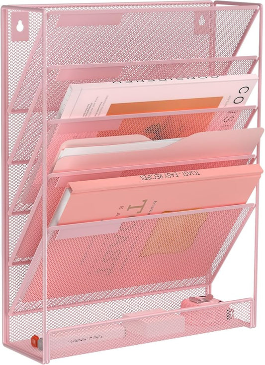 Kuntine.B 6-Tier Wall File Organizer Hanging File Organizer Cubicle Organizer Wall File Holder for Office Home (Pink, 6 Tier)