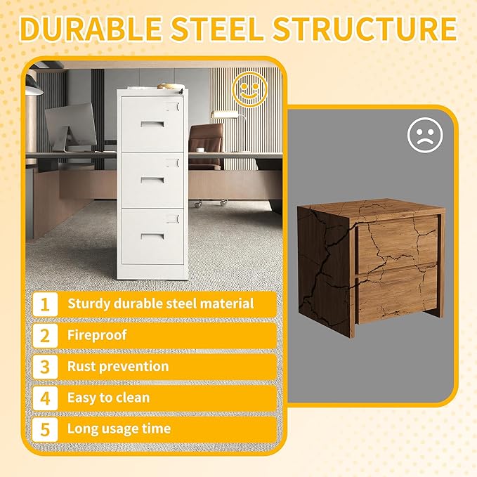 Reegangfa 3-Drawer File Cabinet with Lock, Metal Vertical Filing Cabinets for Home Office, Lockable Narrow Heavy-duty Steel Storage Cabinet with Tag,Hanging Letter/Legal/A4Size,Assemble Required,White