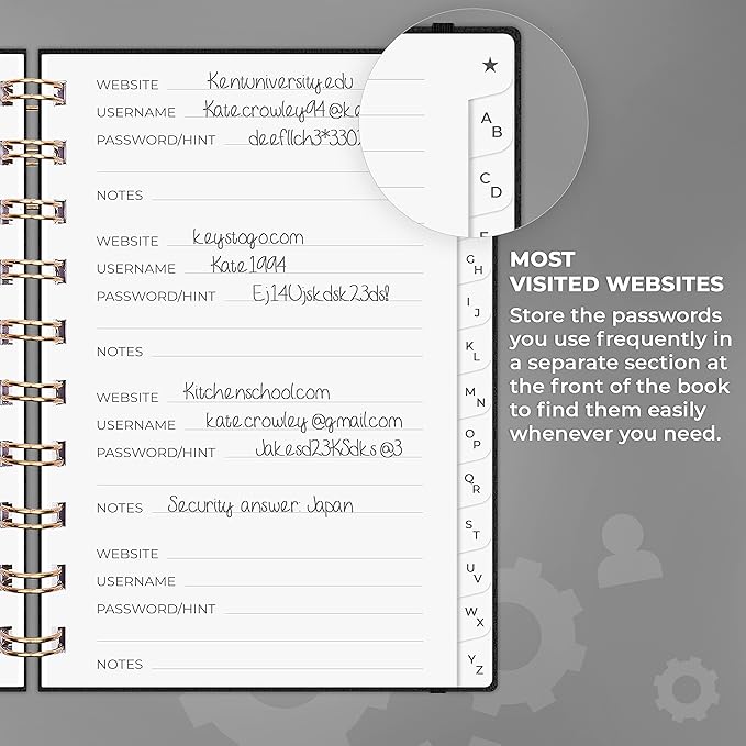 Clever Fox Password Book Spiral – Mini Internet Address & Password Organizer with Laminated Alphabetical Tabs – Small Password Keeper Journal – Hardcover, Pocket Size, 4.7x5.7” (Black)