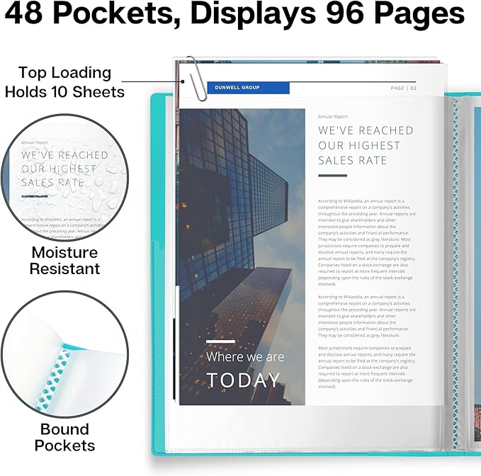 Dunwell Presentation Binder 48-Pocket, Displays 96 Pages, 8.5x11 Portfolio Binder with Plastic Sleeves, Storage and Organizer for Documents, Photos, Kids Artwork, Projects, Recipes (Aqua)