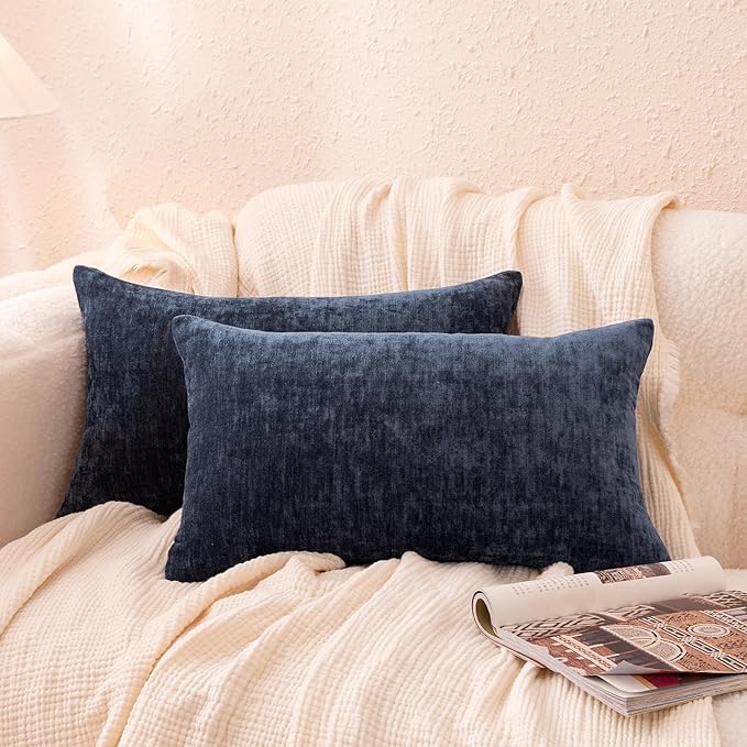 Amazon Basics Chenille Throw Pillow Covers, Home Decor Lumbar Cushion Cover for Bedroom Living Room Couch Bed, 12" W × 20" L, Navy Blue