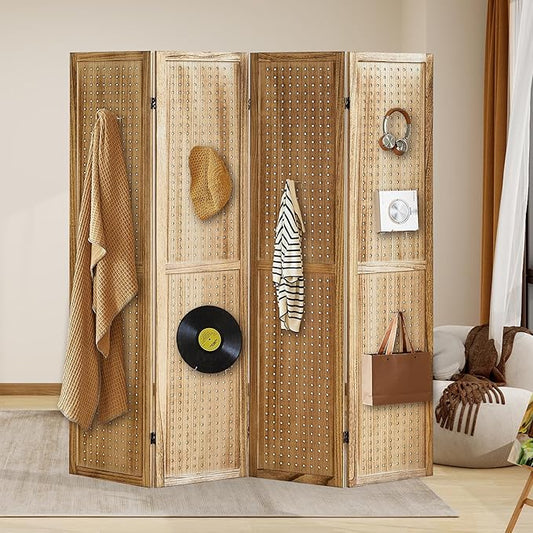 Aleesing 4 Panel Pegboard Display with 16 Hooks, Wooden Room Divider Wall and Folding Privacy Screens, Partition Room dividers, Pegboard Room Divider, Jewelry Store, Bedroom, Balcony, Light Brown