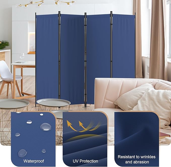 Kecreque Room Partitions and Dividers 4 Panel Portable Wall w/ 3 Wider Feet Folding Room Divider 6FT Privacy Wall Indoor as Dressing Screen for Apartment School Office Children's Separate Rooms,Blue