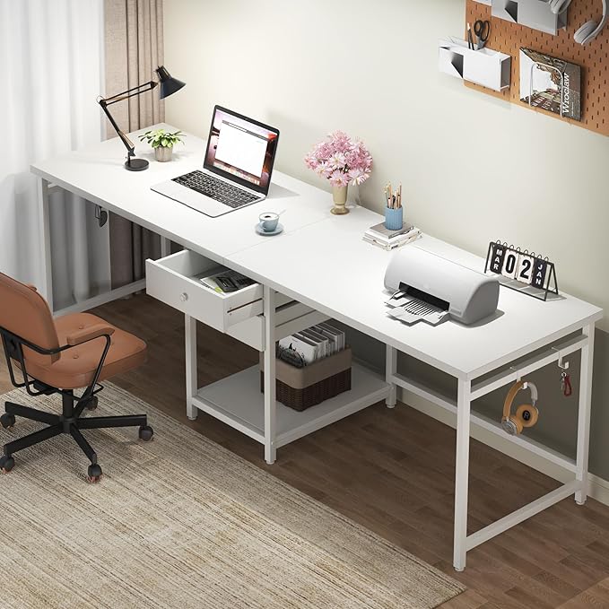 Tribesigns 79 Inch Extra Long Double Desk with 2 Drawers, Two Person Computer Desk with Storage Shelves, Writing Table Study Desk for Home Office, White