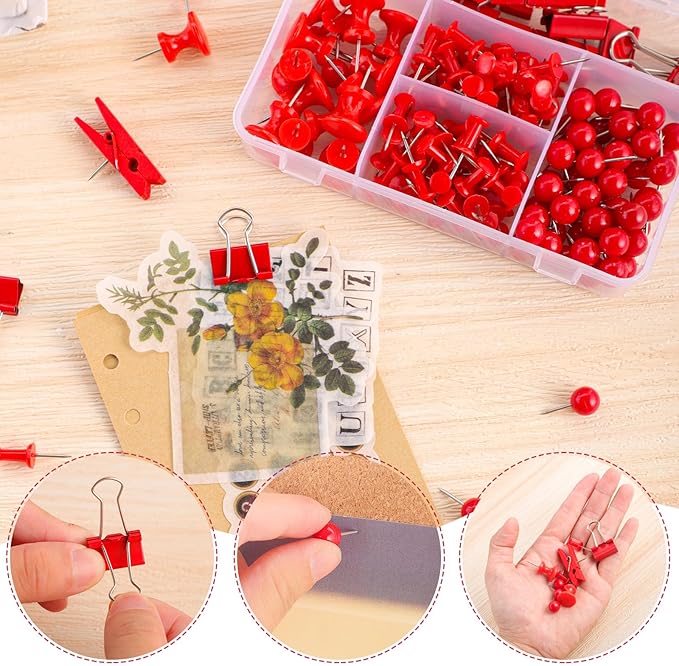 200 Pieces Push Pins, 5 Style Red Thumb Tacks Decorative Push Pins for Cork Board Office Wall Bulletin Board Craft Project Home Supplies