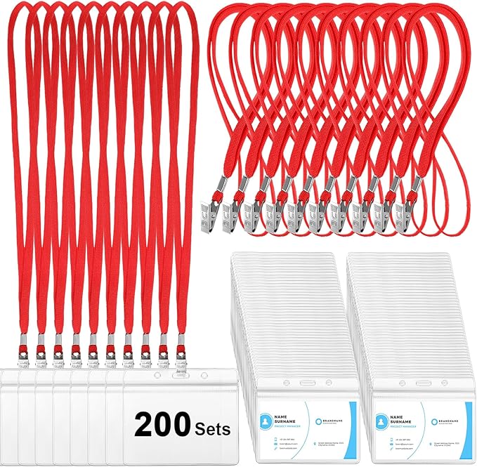Marspark 200 Sets Clear Name Tags with Lanyard, Lanyards for ID Badges Reusable Strap with ID Holder Plastic Name Badges for Adults Business School Church Conference (Red)