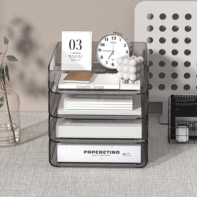 FANXIYQ Clear Paper Organizer - Brown Acrylic Stackable Paper Tray for Desk, 4-Tier Letter Tray Organizer with Smooth Edges and Rounded Corners
