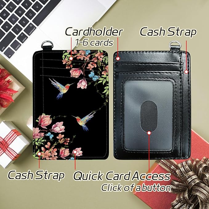 BWEGRHE Small Travel Wallets, Hummingbird Floral Sakura Slim Minimalist Front Pocket Wallet with Wristlet, RFID Blocking PU Leather Credit Card Holder with ID Window Change Purse for Men Women