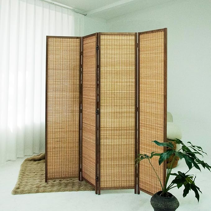 Loomveil 4 Panel Room Divider Folding Privacy Screen,67 inch Bamboo Panel Divider for Home Partition,Brown