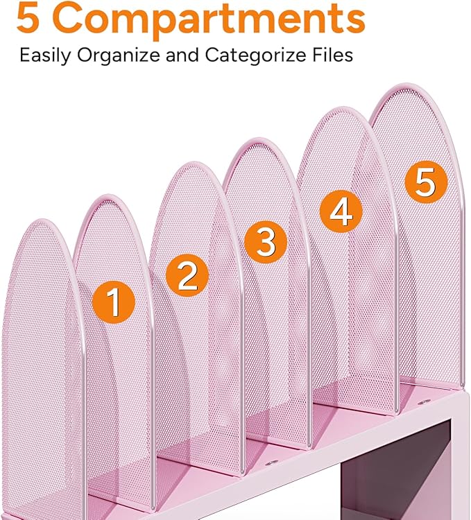 OUTIOE 5-Section Desk File Organizer, Metal Mesh Folder Organizer for Documents, Mail & Office Papers (Pink)
