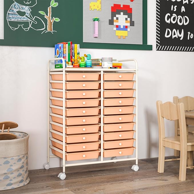 Happygrill 20-Drawer Organizer Cart Tools, Mobile Utility Storage Cart with Removable Drawers & Lockable Wheels, Rolling Storage Cart with wheels for Home Office School (Peach Fuzz)