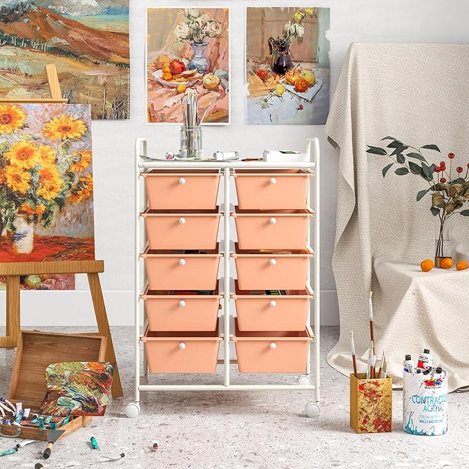 LDAILY 10 Drawer Rolling Cart, Storage Cart Organizer on Wheels, Drawer Cart with Metal Frame & Large Storage Capacity, Rolling Cart with Drawers for Living Room Classroom, Office
