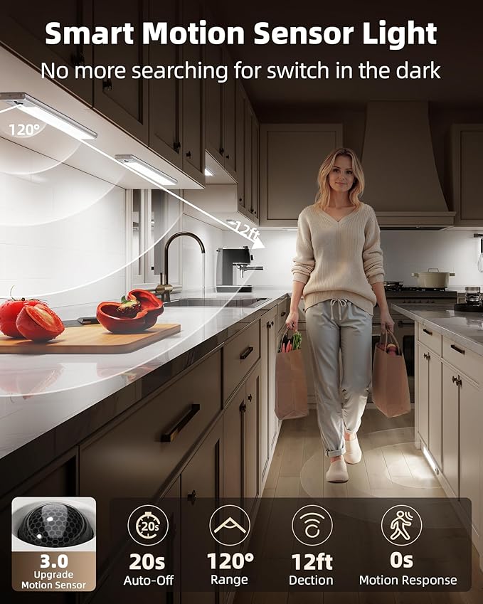 EZVALO 3 Pack Under Cabinet Lighting, 3200mAh Rechargeable Motion Sensor Light, 12inch Magnetic Closet Lights with Dimmable & 3 Color Temps, Wireless Motion Activated Lights with Remote for Kitchen