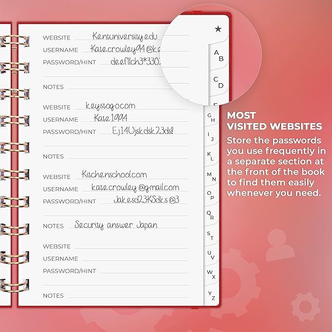 Clever Fox Password Book Spiral – Mini Internet Address & Password Organizer with Laminated Alphabetical Tabs – Small Password Keeper Journal – Hardcover, Pocket Size, 4.7x5.7” (Red)