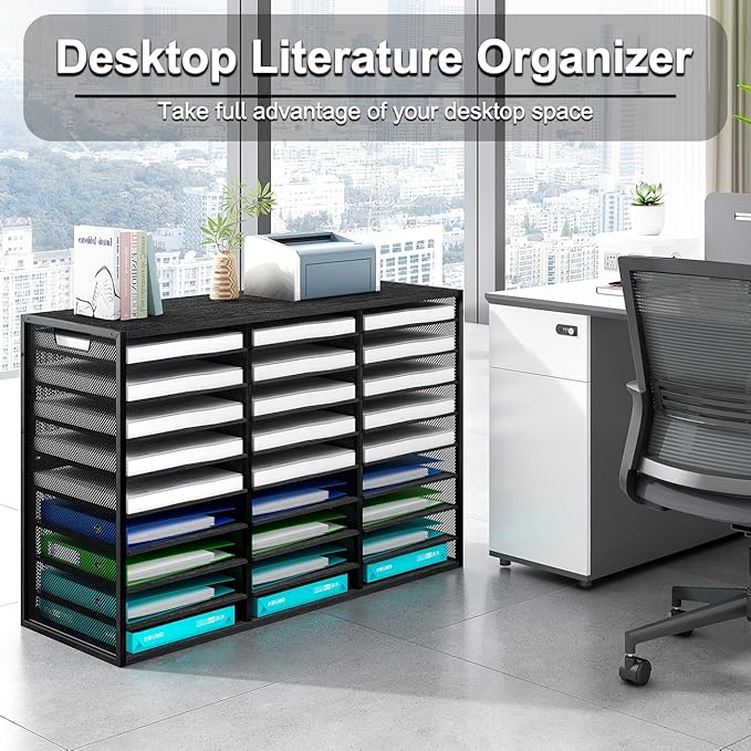 PAG-Mass Mail Sorter Adjustable Countertop Heavy Duty Literature Organizer Student Mailbox for Classroom Desktop Bill Paper Holder Rack for Office Home School, 27 Compartments, Black
