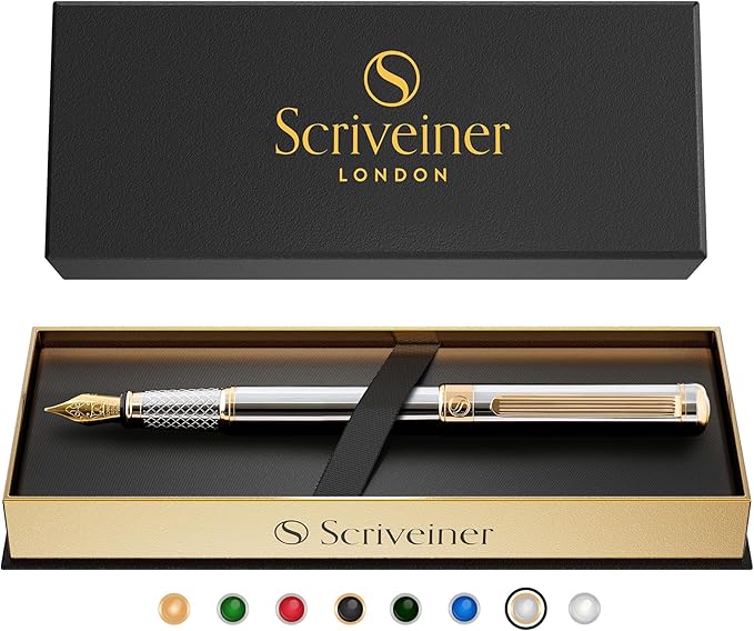 Scriveiner Silver Chrome Fountain Pen - Stunning Luxury Pen, Real Gold Finish, Schmidt Gilded Nib (Extra Fine), Best Gift Set for Men & Women Professional Executive Office Nice Designer Pen