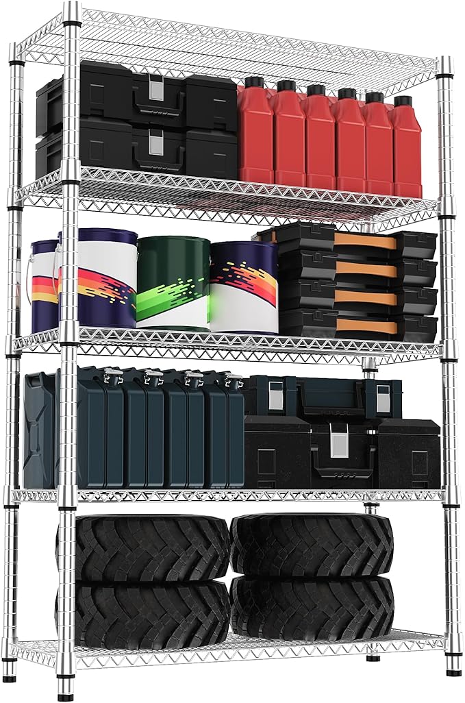M MZG 5 Tiers Shelf Metal Storage Shelves 3300 lbs Steel Storage Shelving Utility Shelving Unit Steel Organizer Wire Rack for Home,Kitchen,Office,Garage Chrome 17.7" D x 47.2" W x 70.3" H