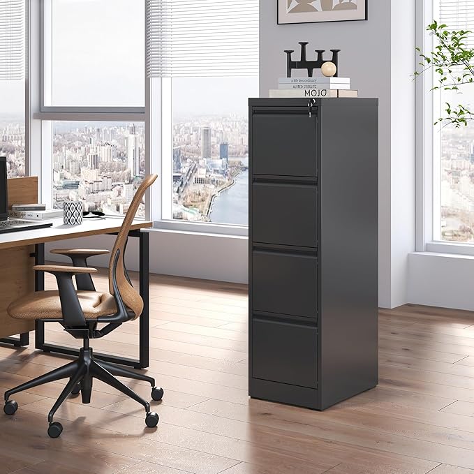 FLIXELIO 4 Drawer File Cabinet with Lock,Metal Vertical Filing Cabinets for Home Office,Heavy Duty File Storage Cabinet for Letter/Legal/A4/F4 Size File,Assembly Require (Black, Vertical 4 Drawer)