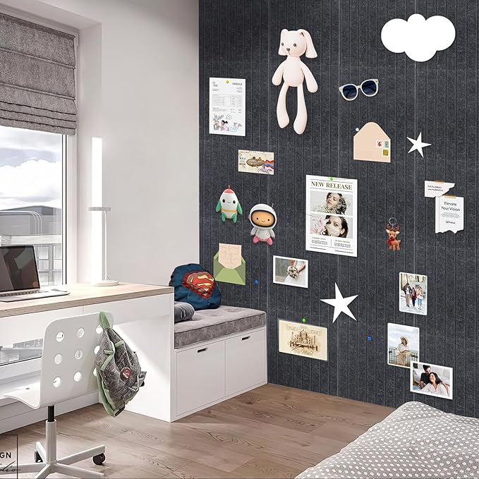 Smarpau Large Cork Board for Walls, 48"x36" Bulletin Board, 12 Pack Slat Felt Wall Tiles with Pushpins Removable Security Tabs, Pin Board for Office Wall Organizer Protector -Black