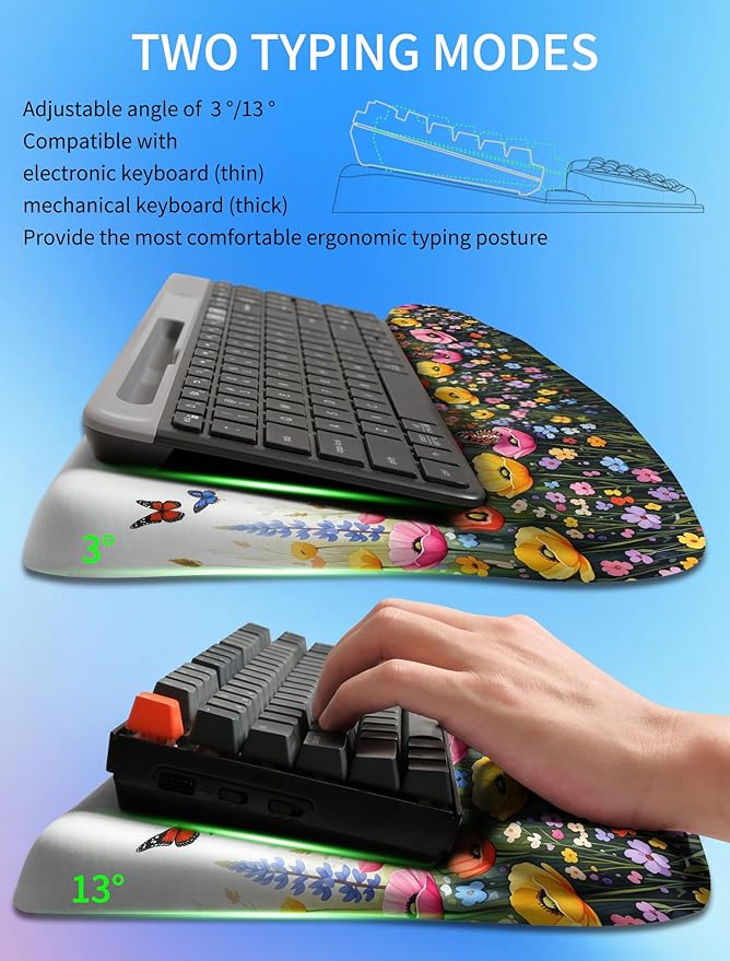 KUOSGM Ergonomic Wave Wrist Rest with Keyboard Stand, Cushioned Palm Rest, Comfortable Integrated Memory Foam for Natural Typing and Relieve Wrist Pain, Flowers and Butterflies