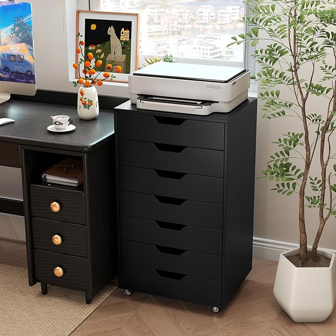 Giantex 7-Drawer Storage Cabinet, Mobile File Organizer with 4 Universal Casters, Wooden Vertical Filing Cabinet on Lockable Wheels for Office, Study, Living Room (19.5” x 16” x 34.5”,Black)