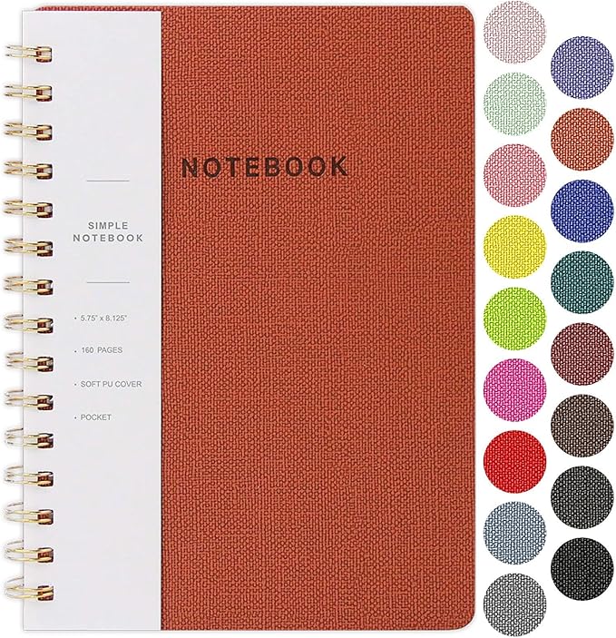 Spiral Notebook-5.75" x 8.125" College Ruled Journal with Inner Pockets and 160 Pages,PU Leather Cover Business Journal, Twin-Wire Binding Notebook Perfect for Office & Home School Supplies Brown