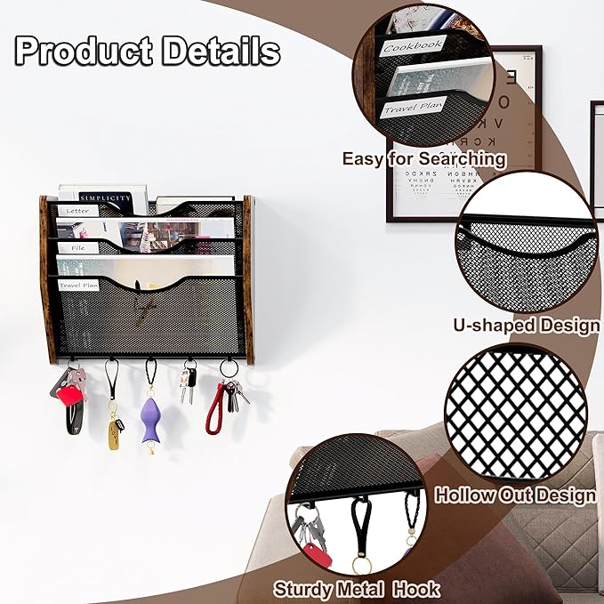 PAG-Mass Wall File Organizer With Hooks,3 Tier Mesh Mail Organizer Wall Mounted,Hanging File Organizer,Magazine Holder for Documents,Magazine,Literature,File,Mails,Envelopes