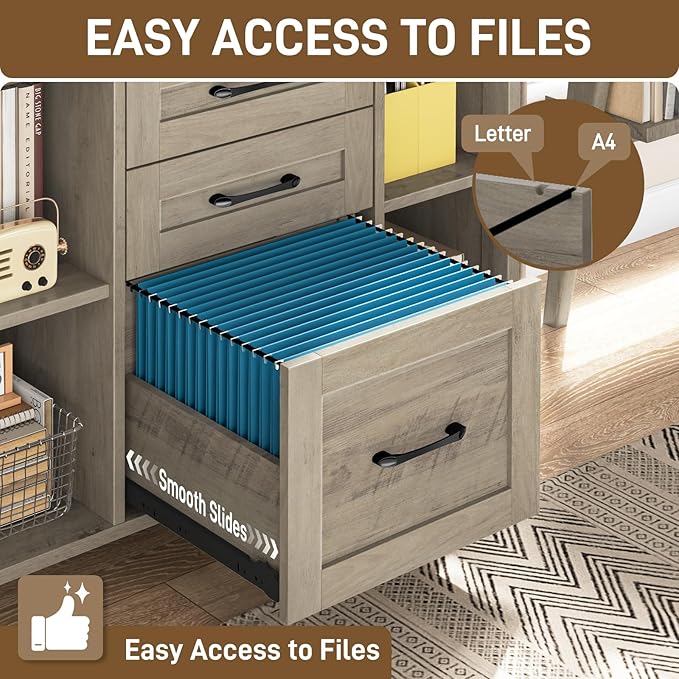 Vabches File Cabinet with 3 Drawers, Farmhouse Lateral File Cabinet Fits Files Letter/A4 Size, Wooden Filing Cabinet with Adjustable Shelves Printer Stand for Home Office, Grey