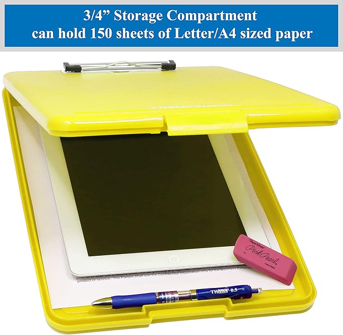 Think2Master Yellow Plastic Storage Clipboard. | 25% Heavier & 25% Sturdier| Heavy Duty and Won’t Flex or Bend Like Other Brands (Compare The Weight). Storage Compartment Holds 150 Letter Sized Paper.