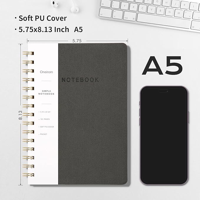 Spiral Notebook-5.75" x 8.125" College Ruled Journal with Inner Pockets and 160 Pages,PU Leather Cover Business Journal, Twin-Wire Binding Notebook Perfect for Office & Home School Supplies Dark Grey
