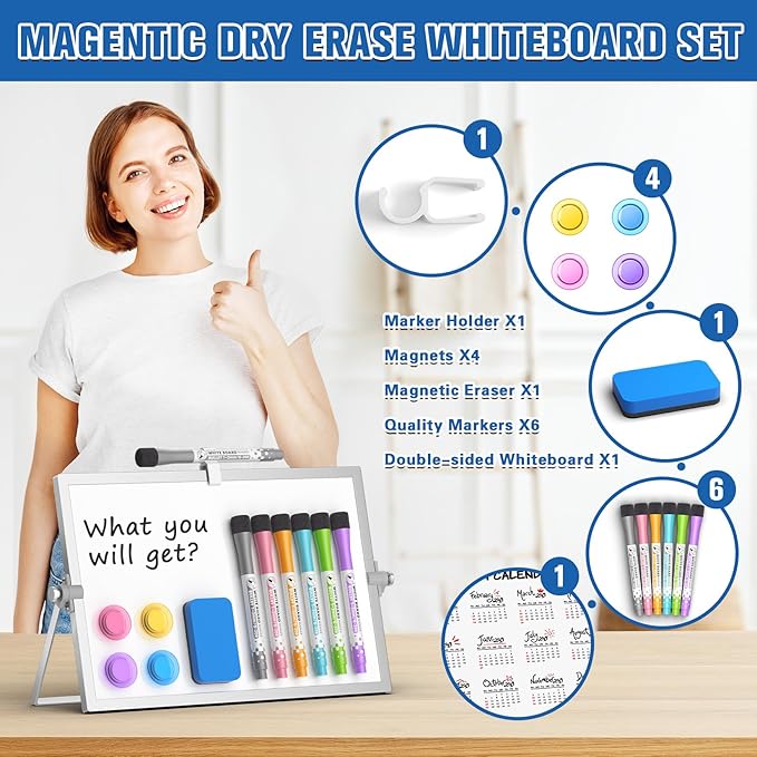 Grtard Magnetic Dry Erase White Board with Stand, 12''x8'' Double-Sided White Board, Desktop Whiteboard with Stand, Magnetic WhiteBoard Portable, Dry Erase Board for ToDo, Drawing