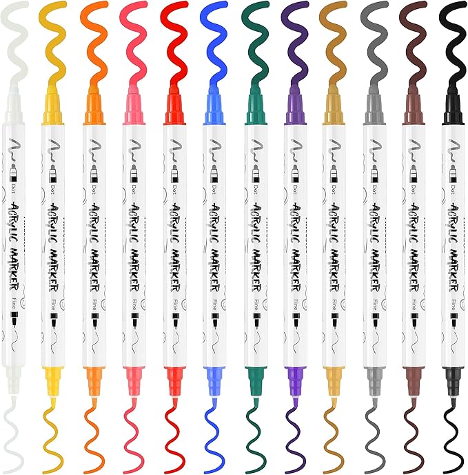 TRANSON 12 Color Bold and Fine Dual-tip Acrylic Paint Pen Set for Canvas Rock Wood Leather Ceramic DIY Painting