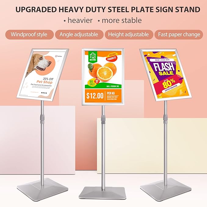 VAIIGO 11"x17" Pedestal Poster Stand with Heavy Duty Solid Steel Base, Adjustable Floor Standing Sign Holder for Vertical and Horizontal Display, Silver 3Pack