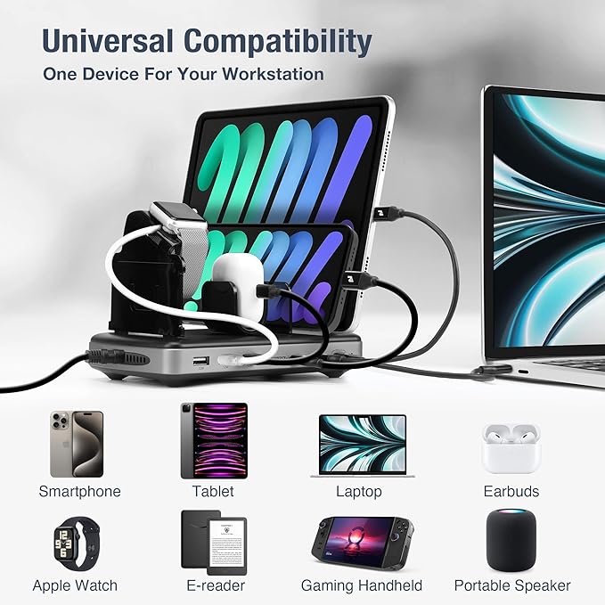 AceProAV 160W 6-Port USB-C and USB-A Charging Station Organizer with 140W PD 3.1 – Includes Cables – for MacBook, iPhone, iPad, AirPods, Smartphones, Tablets, and Gaming Devices