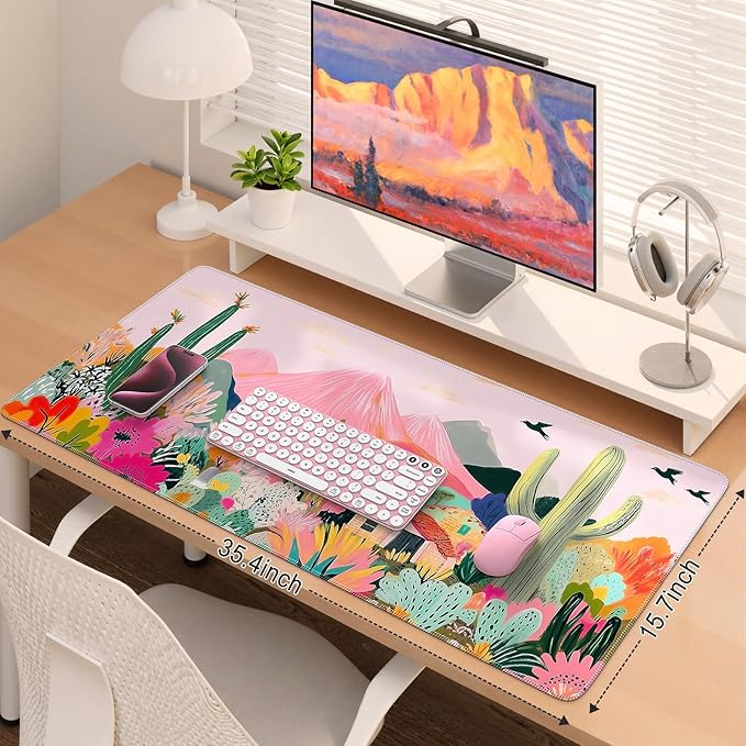 iCasso Large Gaming Mouse Pad (35"x16") - Waterproof Desk Mat with Non-Slip Rubber Base & Stitched Edges - Extended Keyboard Mousepad for Computer, PC, Office, Home Workspace (Cactus)